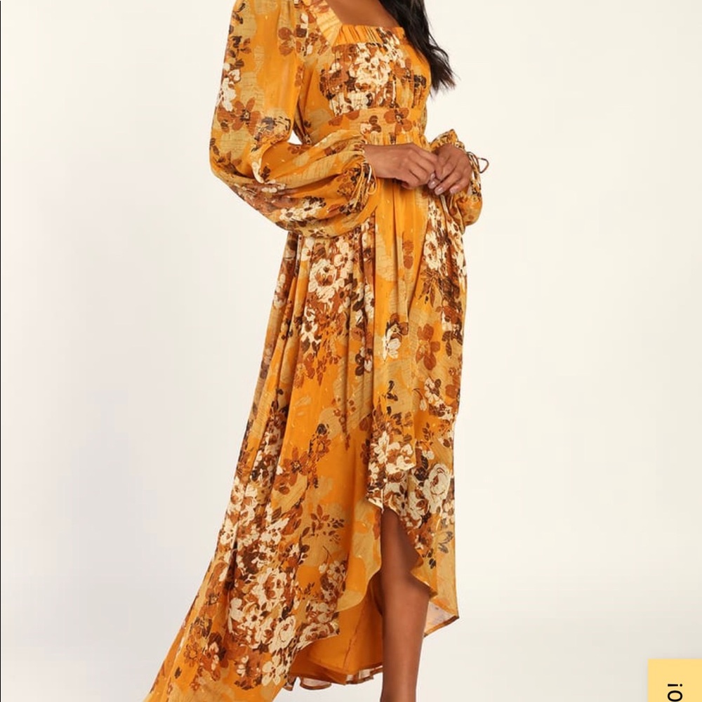 Lulus semi formal high low mustard dress. Backless with bell sleeve